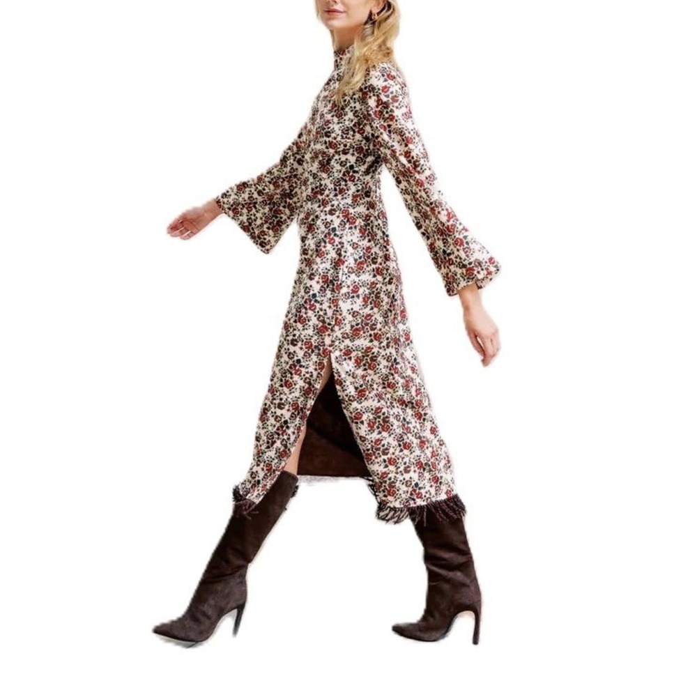 NWT Mason's Daughter Ava Floral Printed Velvet Fringe Hem Midi Dress‎ Size Small